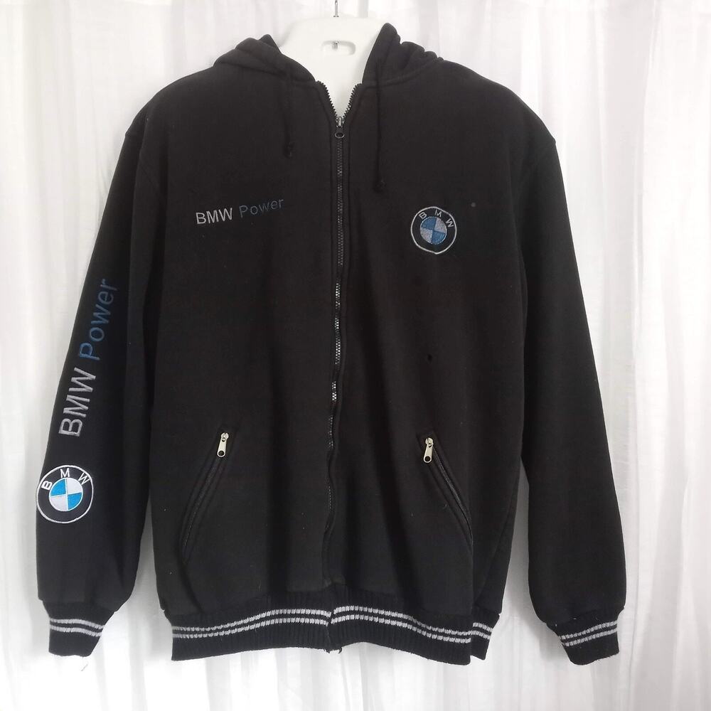 Vintage BMW POWER Jacket Zip Front Varsity Sweatshirt Hoodie Garage Patches XXL
